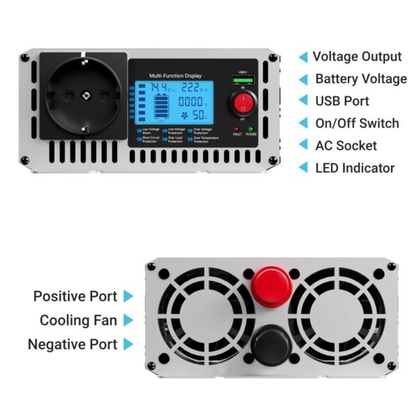 Inversor de Onda Senoidal Pura 24V para 220V | 2000W Reais com Ecrã LCD - Image 2