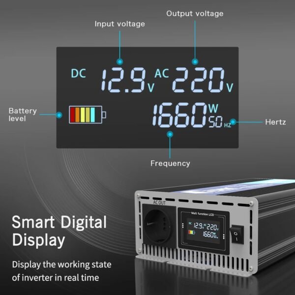 Inversor de Onda Senoidal Pura 24V para 220V | 2200W Contínuos (5000W Pico) com Ecrã LCD - Image 2