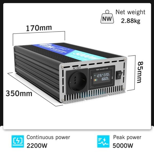 Inversor de Onda Senoidal Pura 24V para 220V | 2200W Contínuos (5000W Pico) com Ecrã LCD - Image 5